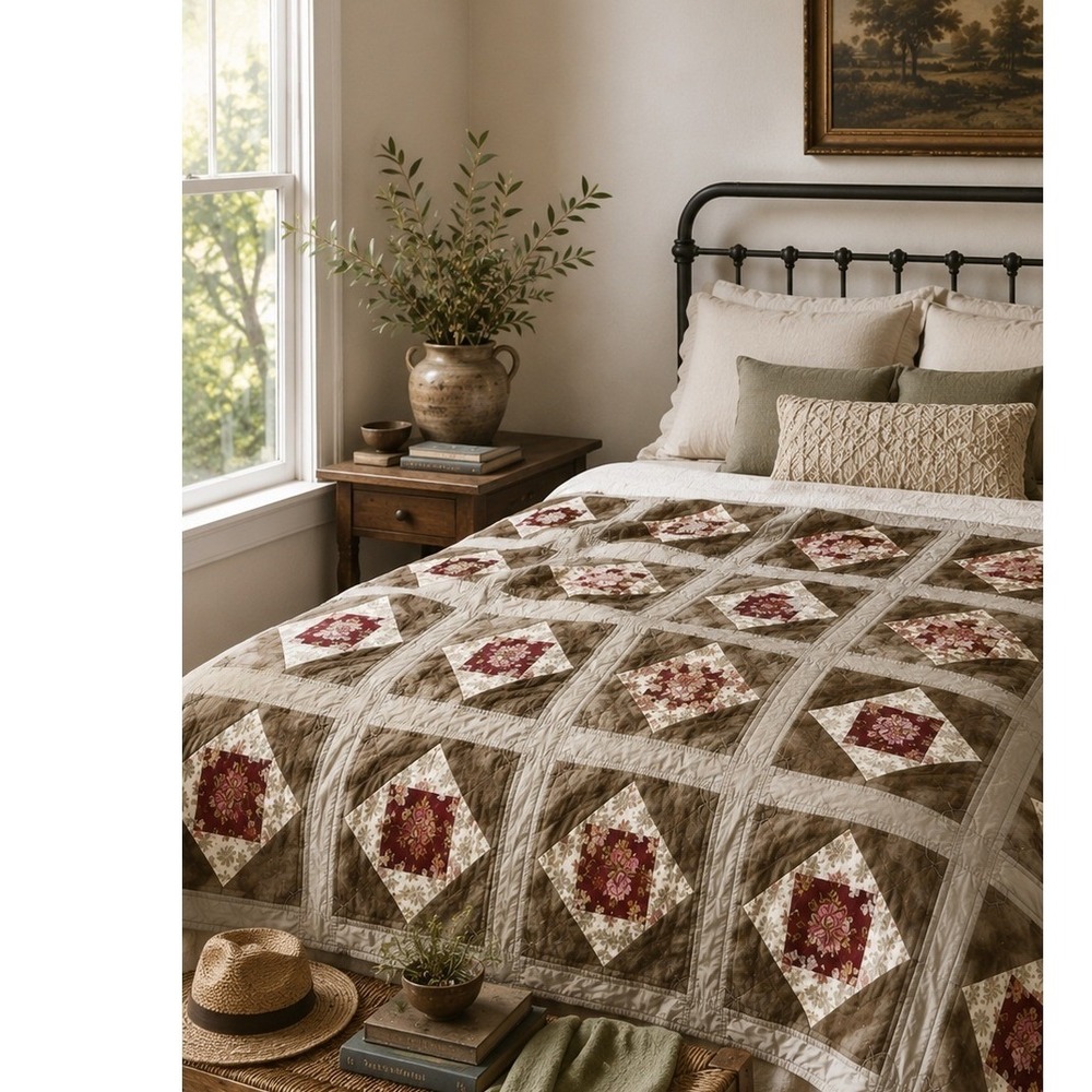 Vintage Patchwork Quilt 66x82 Twin Quilt  or Full Bed Topper Cottage Floral